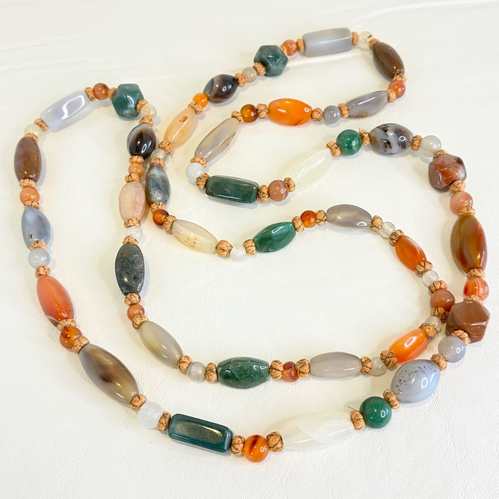 Vintage Necklace Hand Knotted Mixed Gemstone Agate Carnelian Long Strand 50"